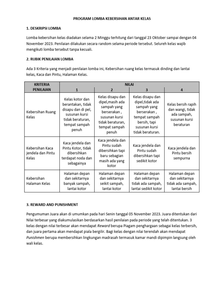 Program Lomba Kebersihan Antar Kelas Pdf