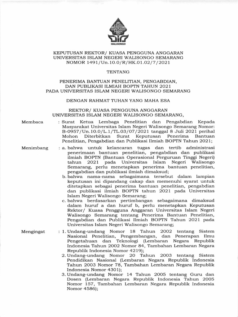 SK Rektor No 1491 Tahun 2021 Tentang Penerima Bantuan Penelitian ...