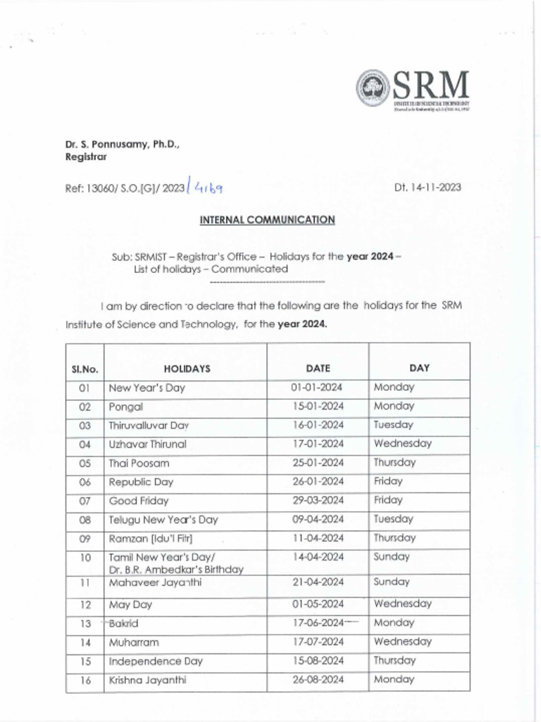 List of Holidays For The Year 2024 PDF