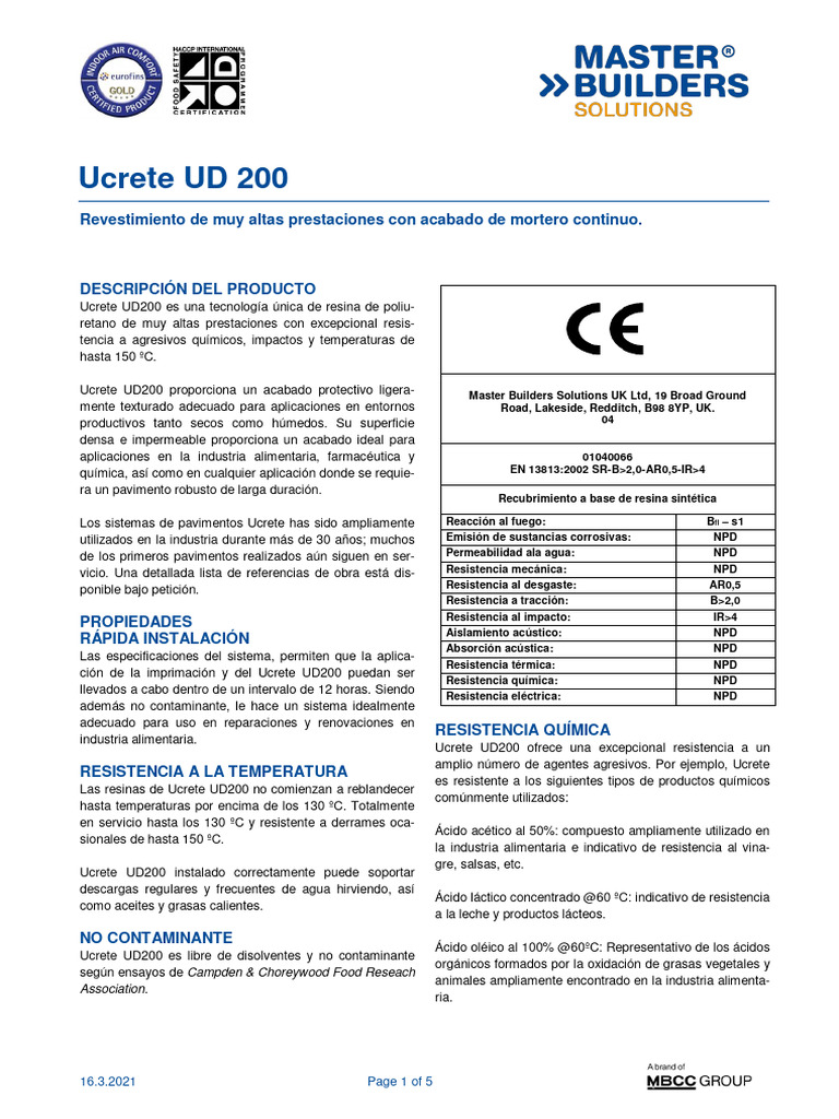 Ucrete UD200: Revestimiento de Alta Resistencia | PDF | Hormigón | Leche
