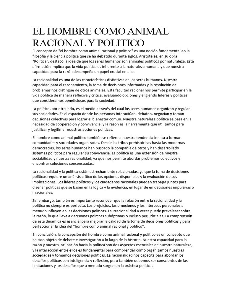 El Hombre Como Animal Racional y Politico | PDF | Racionalidad | Sociedad