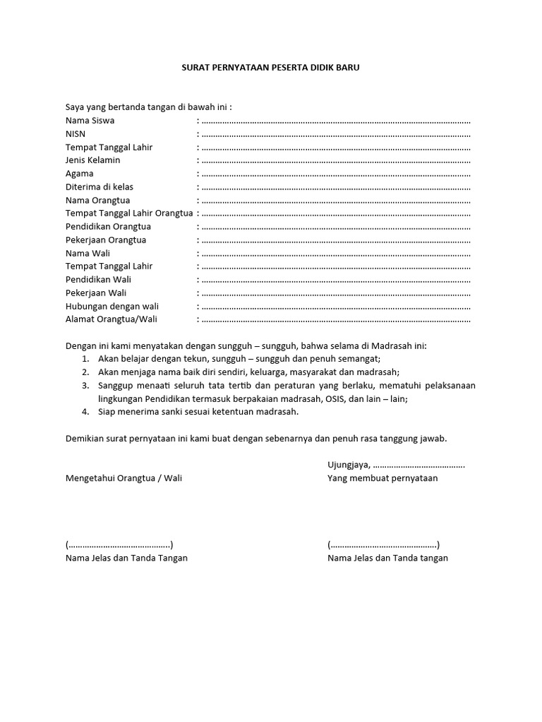 Surat Pernyataan Peserta Didik Baru | PDF