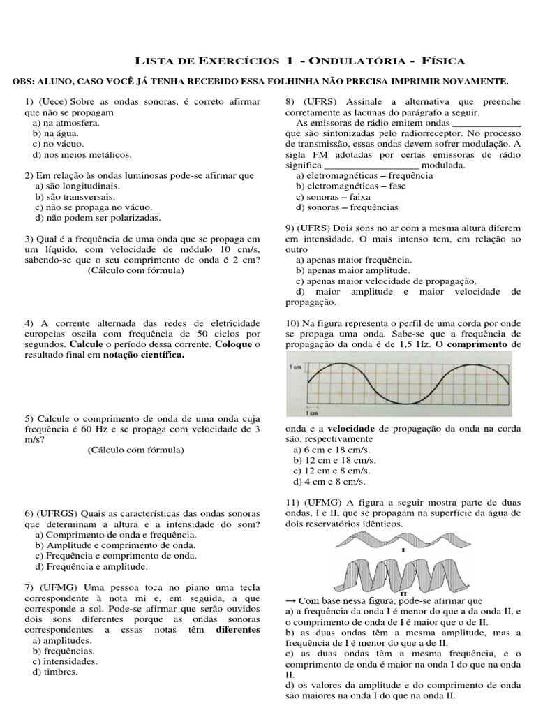 Exercícios de Ondulatória - 9º Ano | PDF | Ondas | Frequência