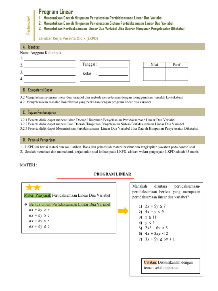 LKPD Program Linear Pertemuan 1 | PDF | Metode & Bahan Ajar