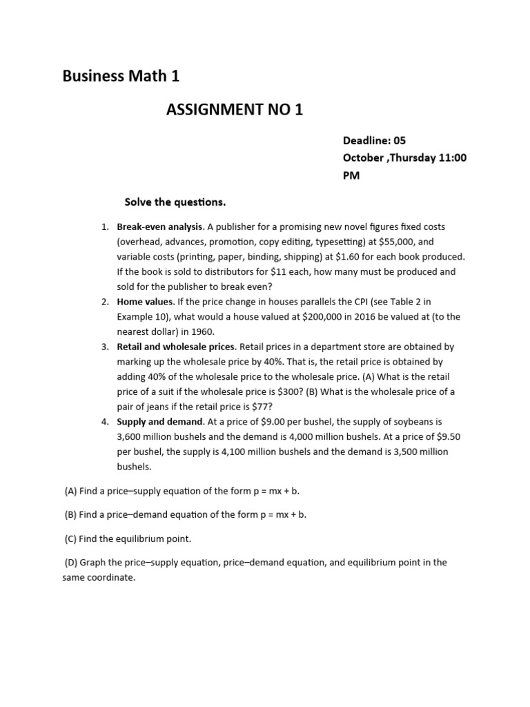 Business Math 1 Assignment | PDF | Economies | Marketing