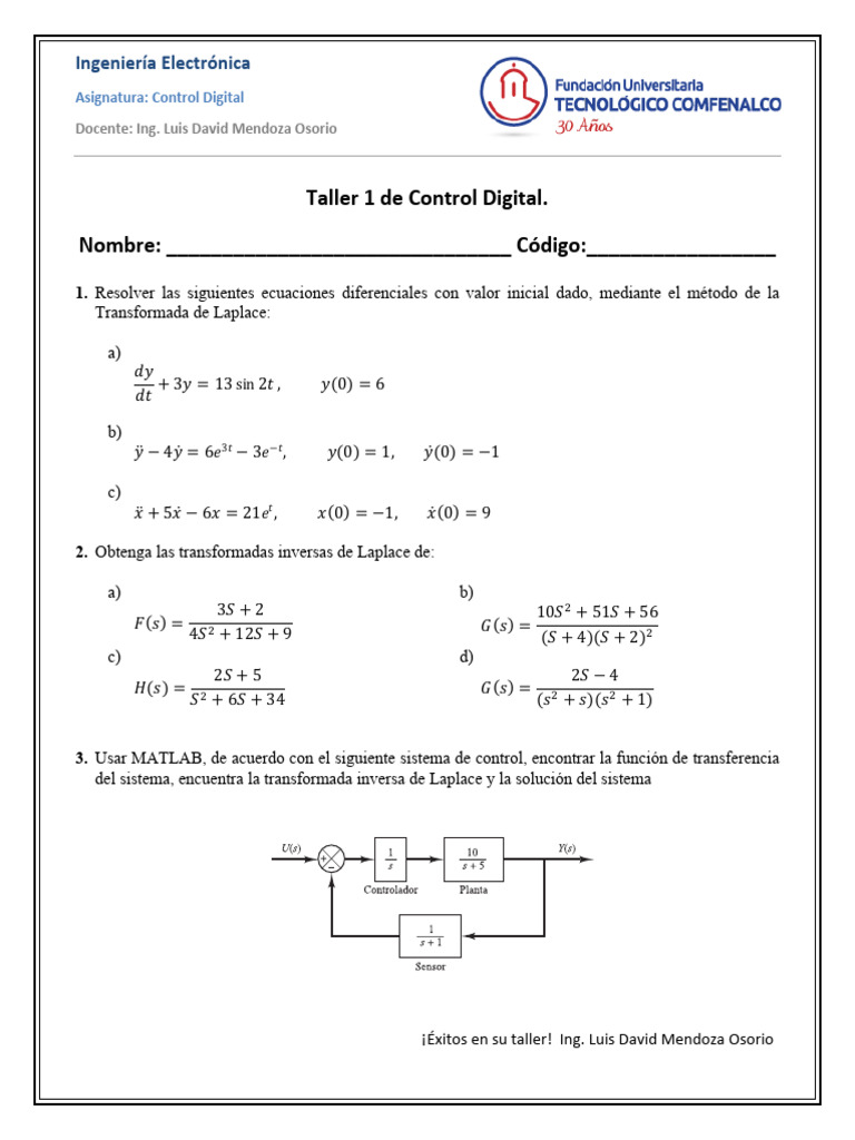 Taller de Control Digital en MATLAB | PDF | Ecuaciones | Conceptos ...