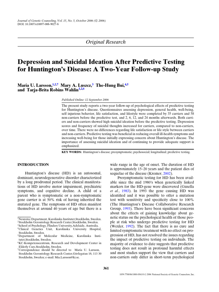 Depression and Suicidal Ideation After Predictive Testing For ...