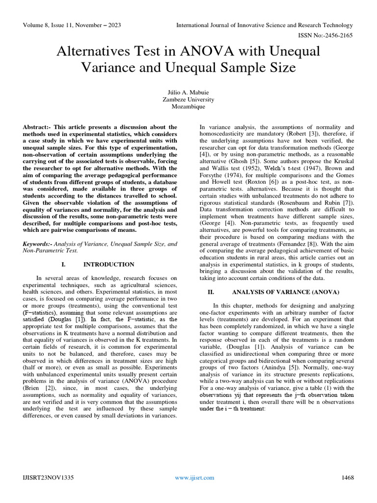 Alternatives Test in ANOVA With Unequal Variance and Unequal Sample ...