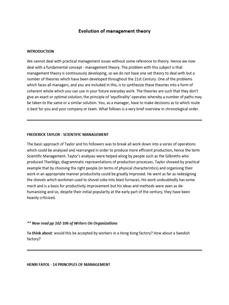 Evolution of management theory summary pdf system theory
