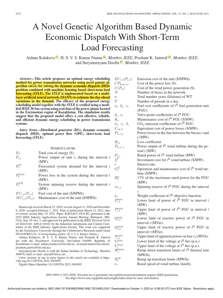 A Novel Genetic Algorithm Based Dynamic Economic Dispatch With Short ...