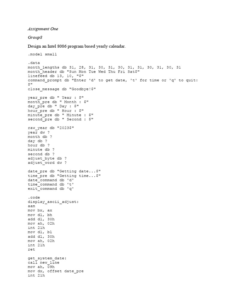 Assembly code for intel 8086 yearly calendar pdf
