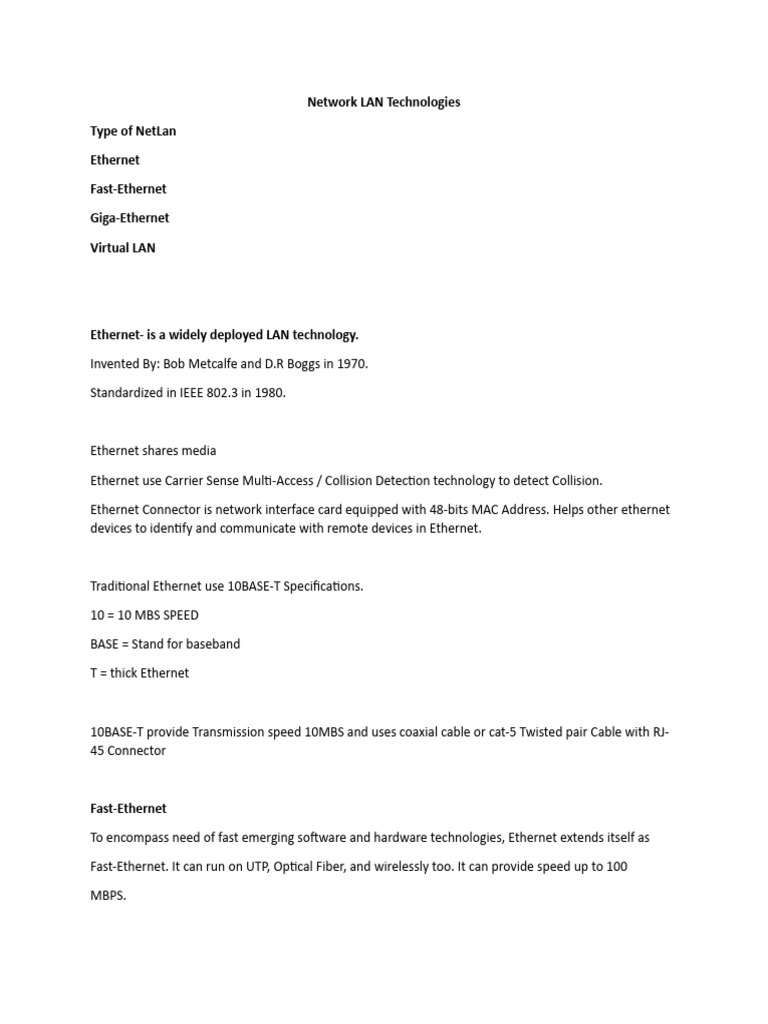 Network LAN Technologies | PDF | Computers | Technology & Engineering
