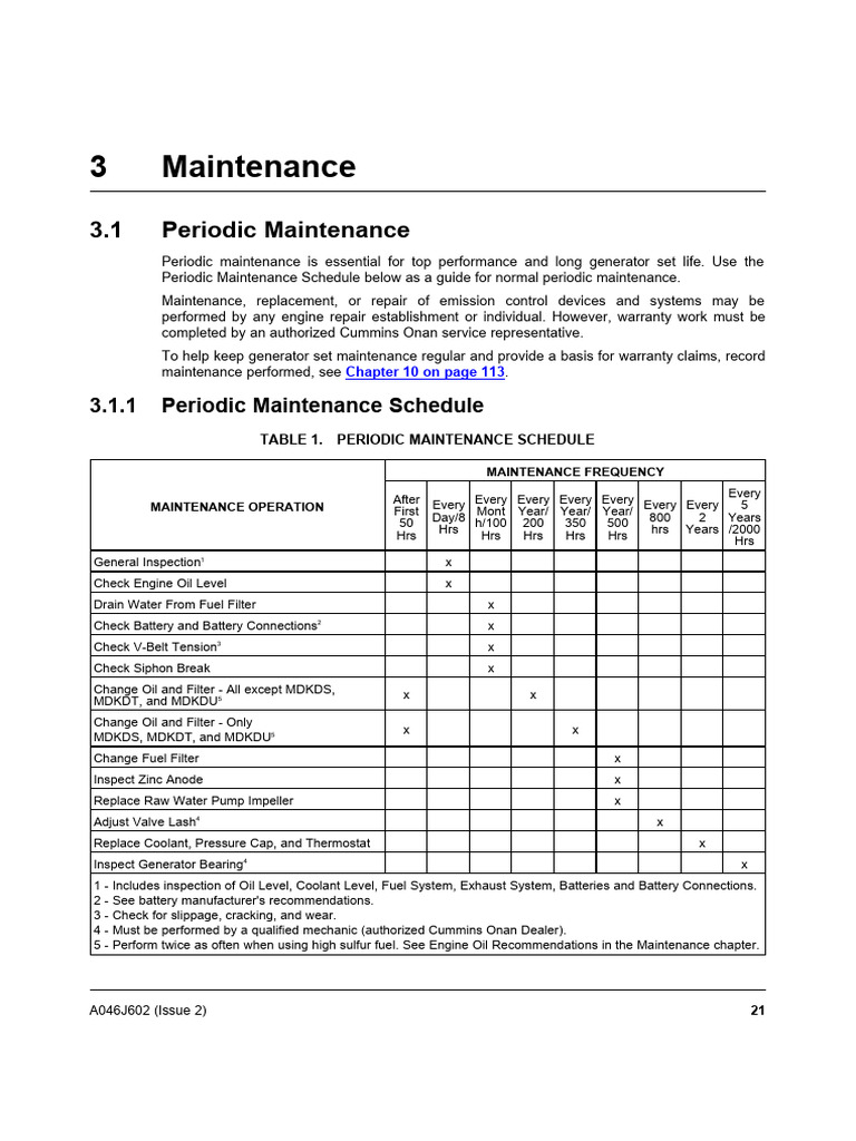 Cummins Generator Maintenance Schedule | PDF | Motor Oil | Cummins