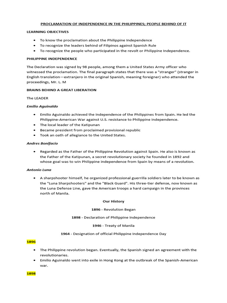 Philippine Independence Proclamation Details | PDF | Independence ...