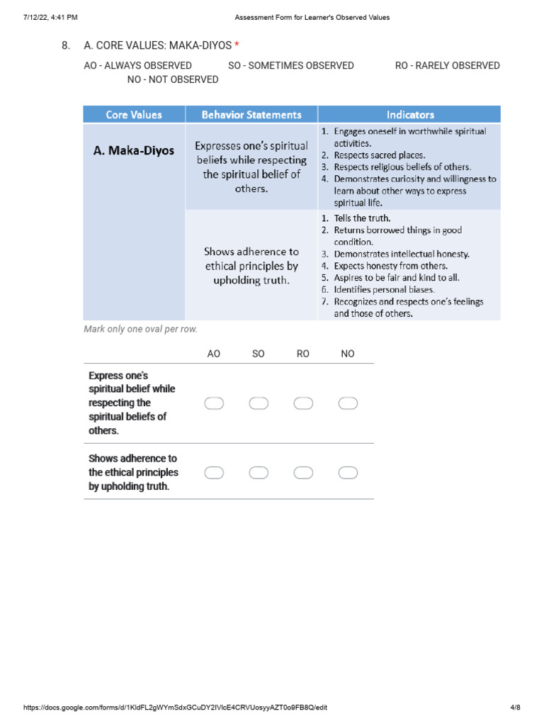 Assessment of Learner's Values | PDF | Psychology | Behavioural Sciences