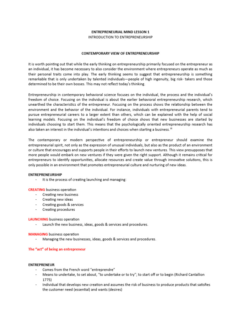 Entrepreneurial Mind Lesson 1 Pdf Entrepreneurship Creativity