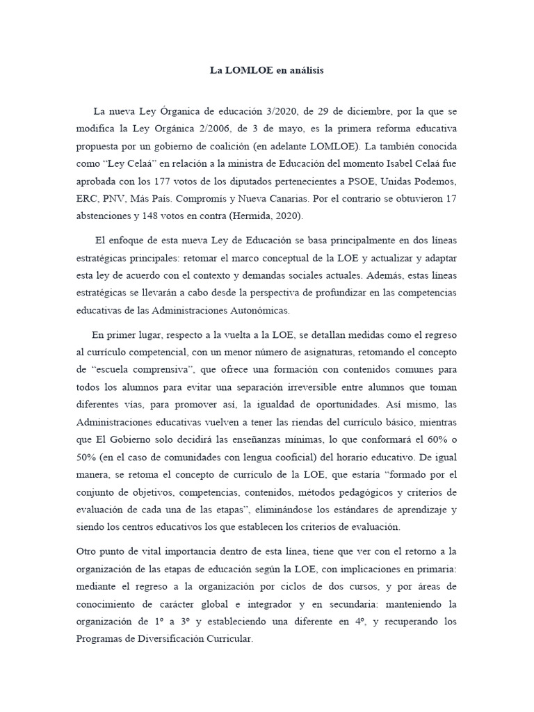 Análisis de la LOMLOE y su impacto educativo | PDF | Plan de estudios ...
