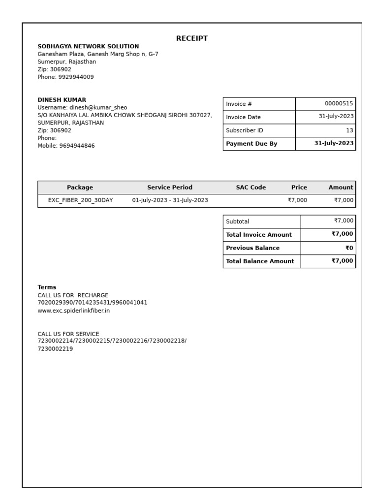 Internet Service Receipt July 2023 | PDF
