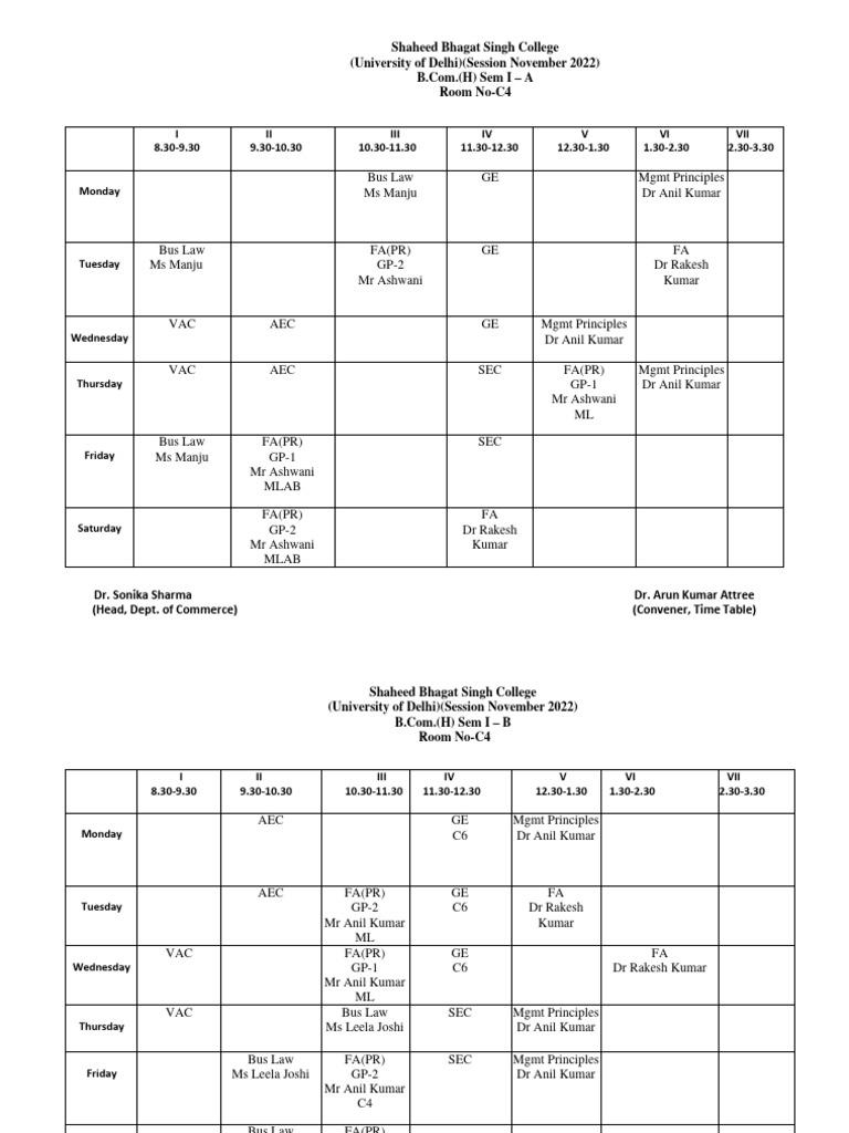 B. Com (H) Semester - 1 Time Table 2022-23 | PDF