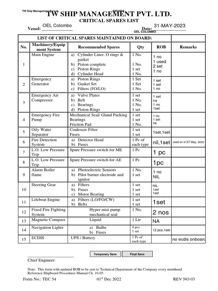 Critical Spares List for Vessels | PDF | Piston | Bearing (Mechanical)