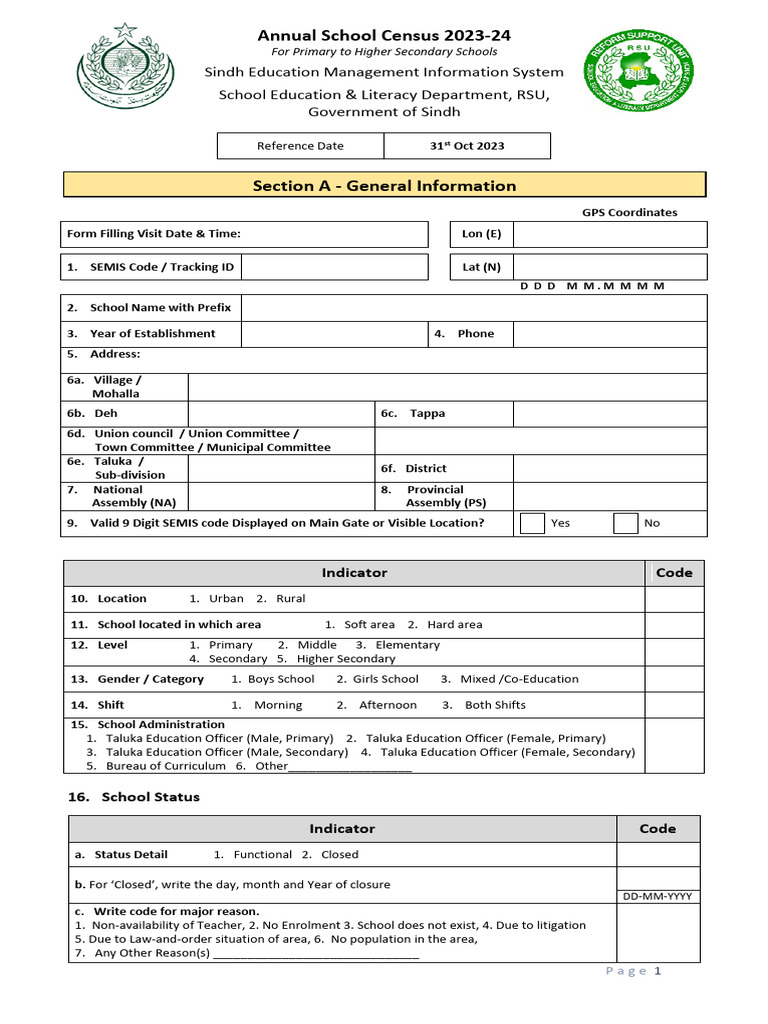 Annual School Census 2023-24 Form | PDF