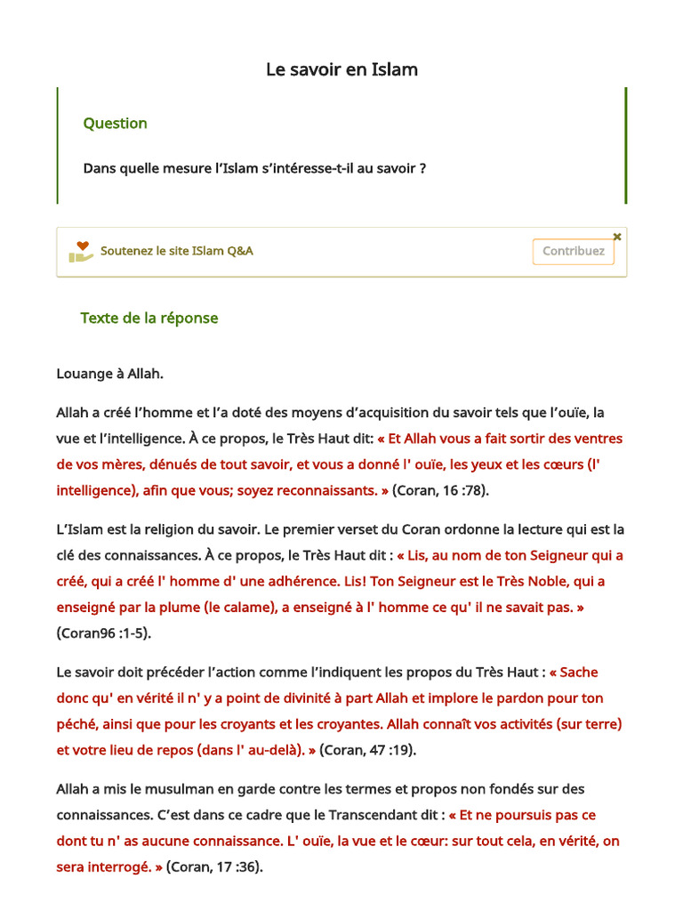 L'importance du savoir en Islam | PDF | Allah | Coran