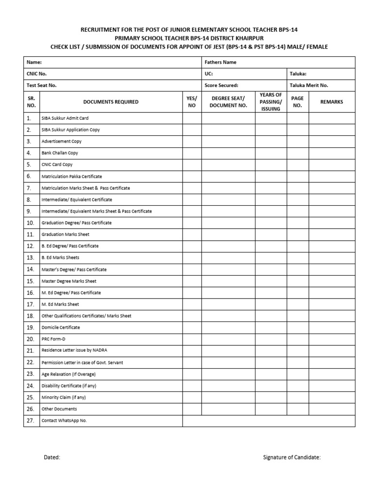 Teacher Recruitment Document Checklist | PDF
