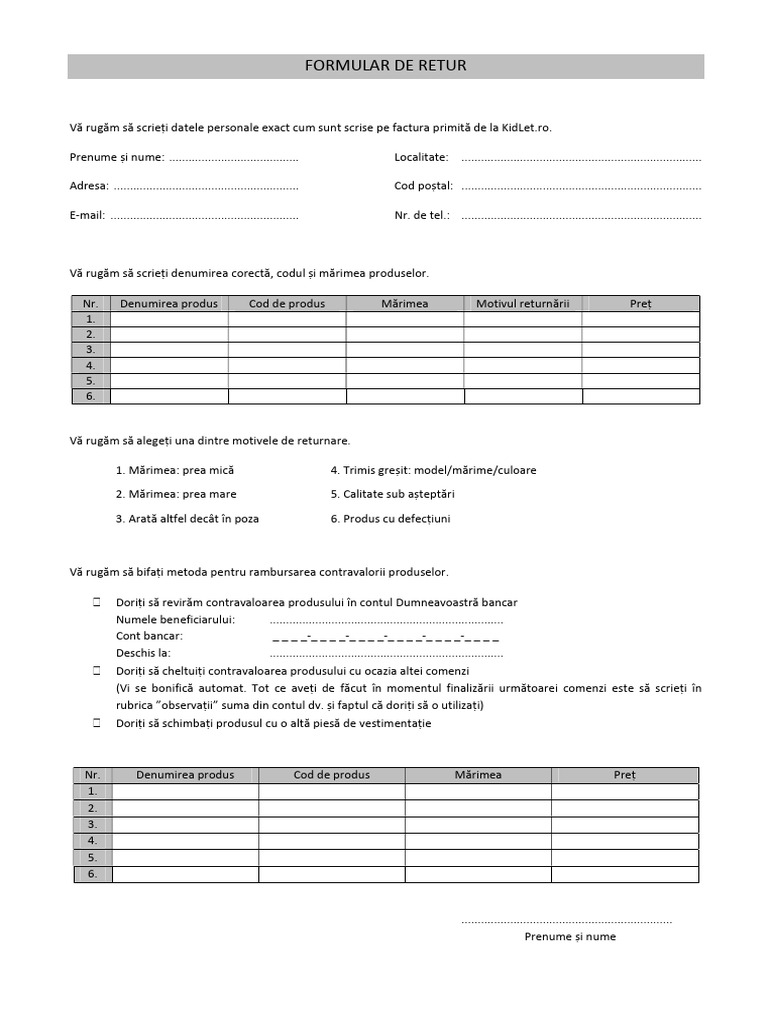 Formular de Retur | PDF