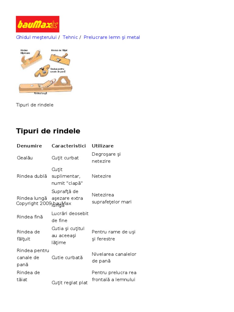 Prelucrare Lemn Şi Metal - Tipuri de Rindele | PDF