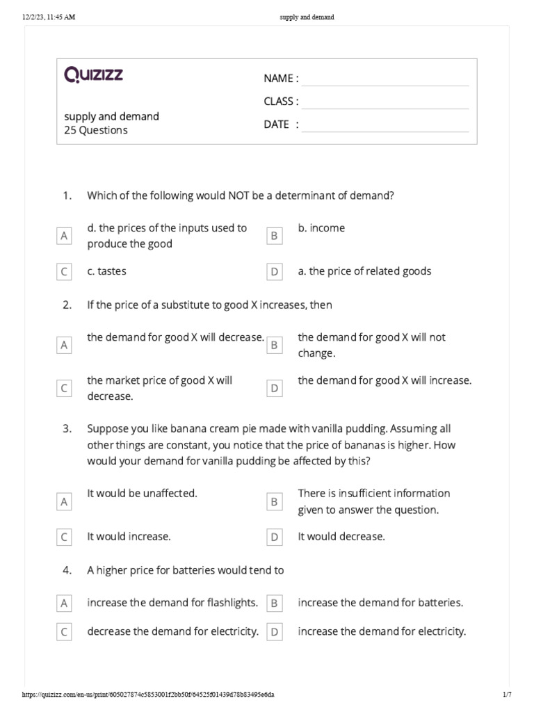Quizizz Supply and Demand PDF Supply And Demand Supply (Economics)