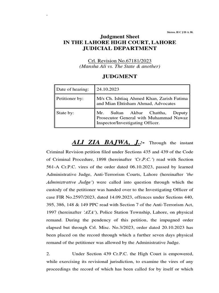 Lahore High Court Crl. Revision 67181/2023 | PDF | Detention ...