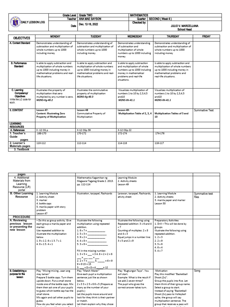 Grade 2 Math DLL: Week 6 Overview | PDF | Multiplication | Mathematics