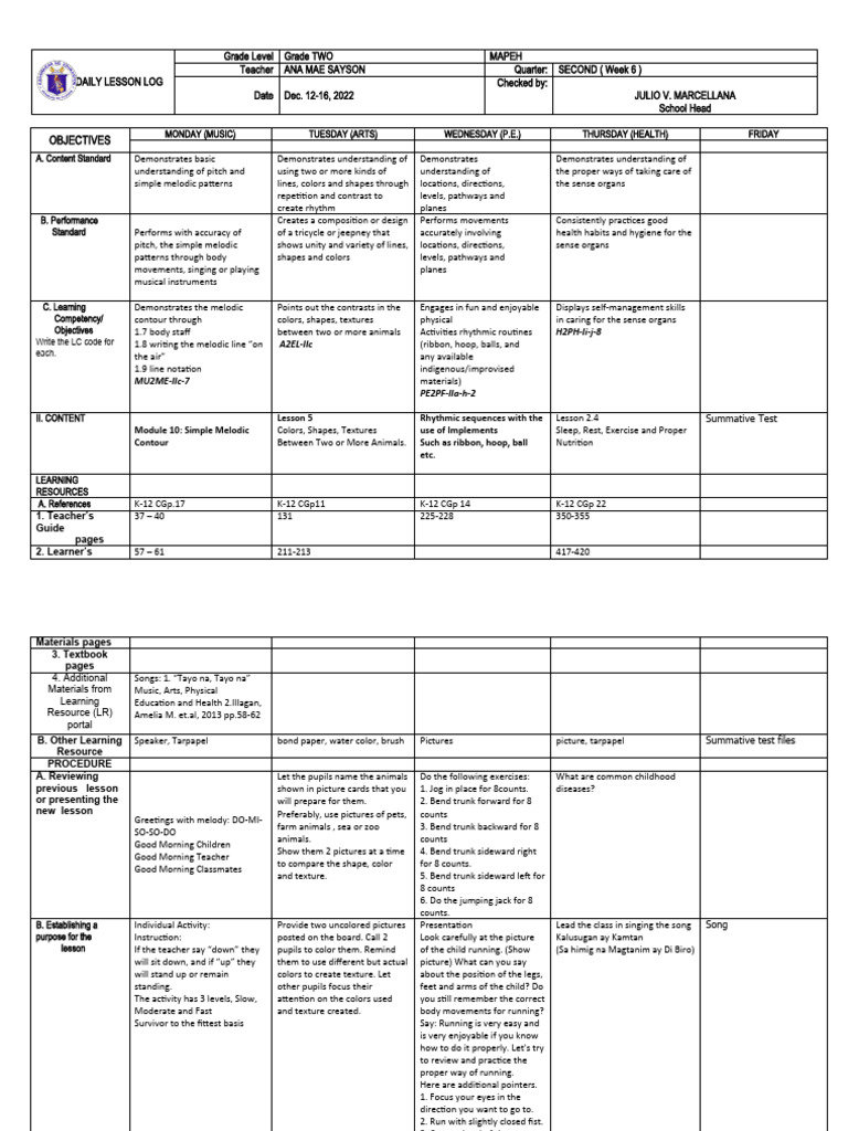 MAPEH Daily Lesson Plan for Grade 2 | PDF