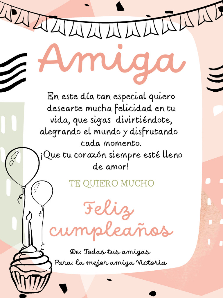 Carta Feliz Cumpleaños Amiga Ilustrada Formas Abstractas Rosa y Blanco |  PDF | Cocina, comidas y vino, image size:768x1024