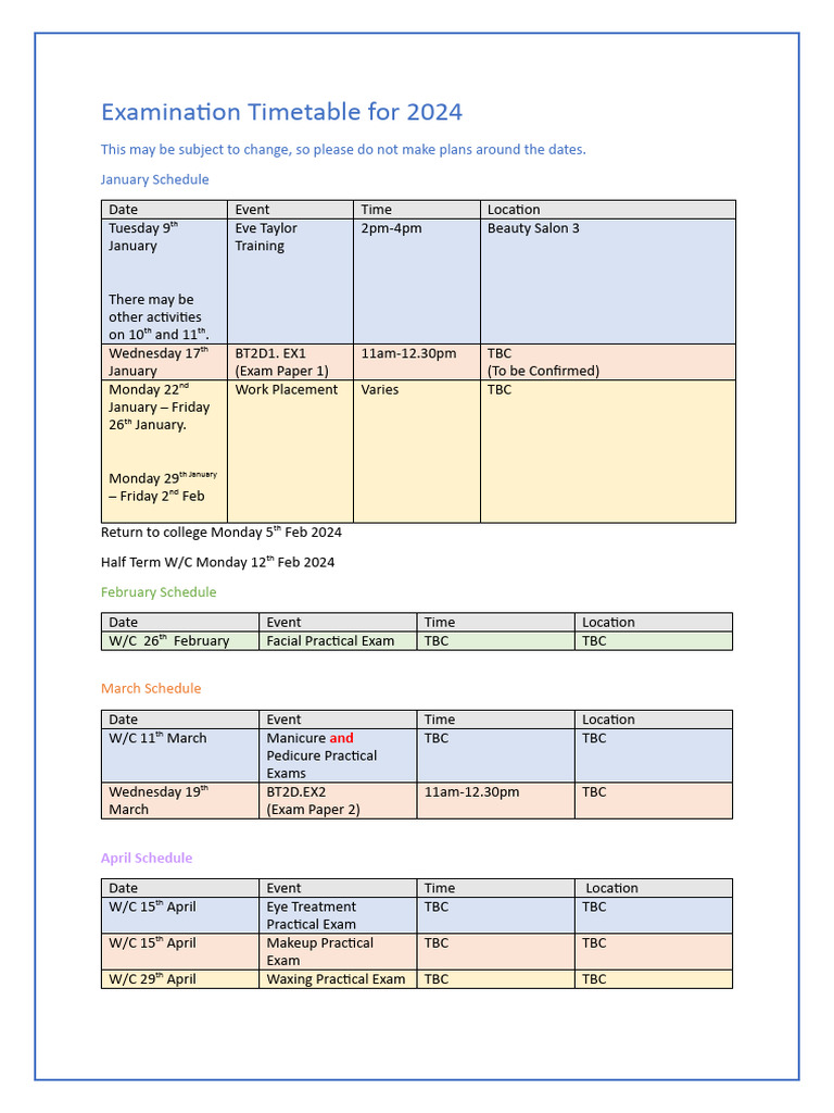 2024 Examination Timetable Overview | PDF