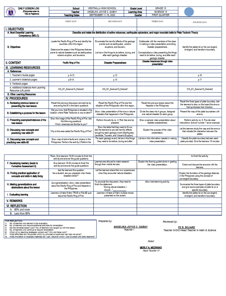 Grade 10 Science Daily Lesson Log | PDF | Volcano | Plate Tectonics