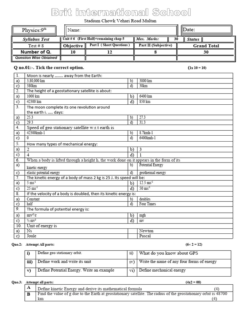 9th Physics Test Chap 6 (1st Hlaf) | PDF | Kinetic Energy | Orbit