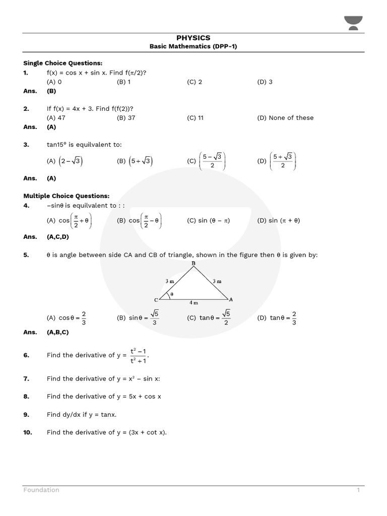 Class 11 Physics Math Formula Sheet | PDF | Trigonometry | Algebra