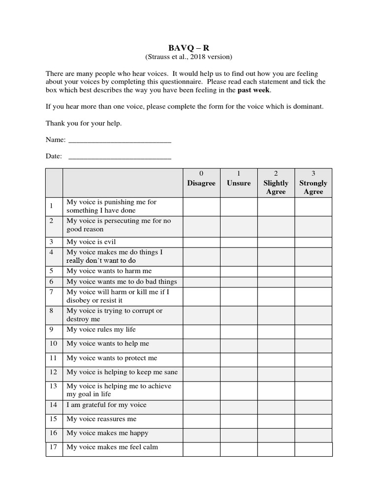 BAVQ-R: Voice Beliefs Questionnaire | PDF | Psychology | Behavioural ...