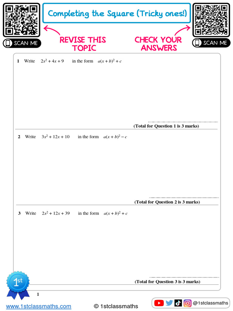 Completing the Square Practice Questions | PDF | Teaching Methods ...