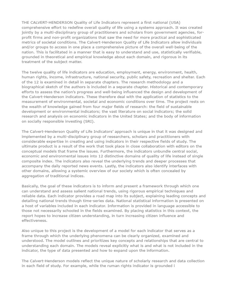 Calvert-Henderson Quality of Life Indicators | PDF | Quality Of Life ...