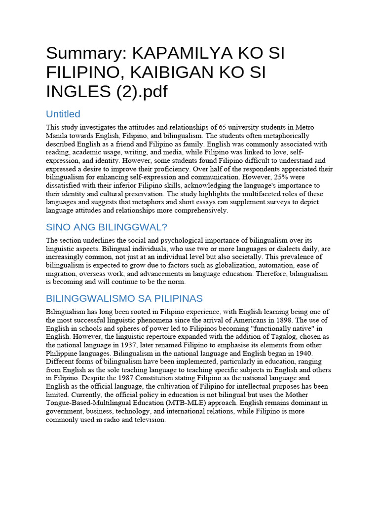 Summary Kapamilya Ko Si Filipino, Kaibigan Ko Si Ingles (2) .PDF ...