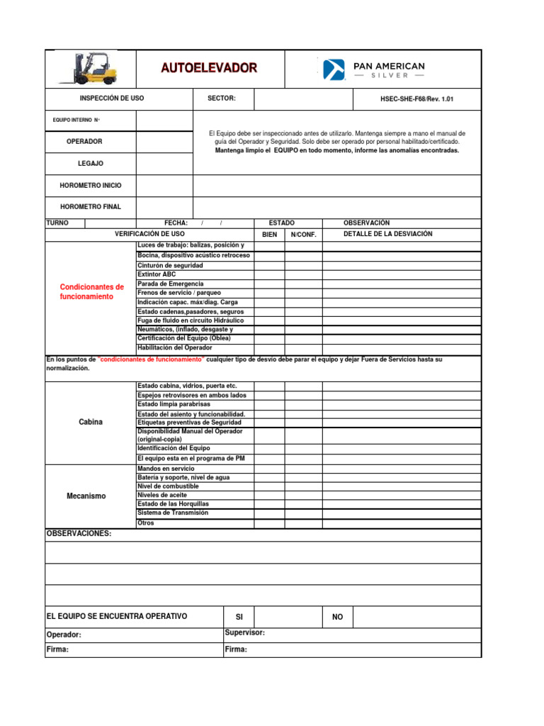 Checklist de Inspección de Autoelevadores | PDF | Tecnologías ...