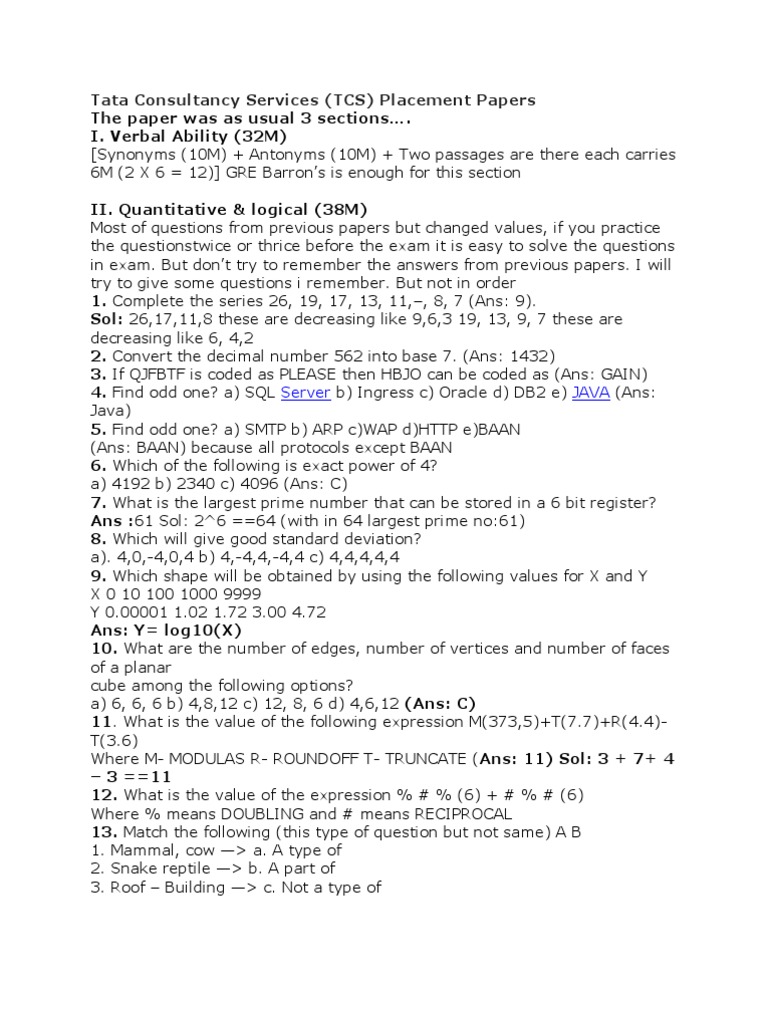 TCS Placement Papers: Verbal, Quant, Reasoning | PDF | Graduate Record ...