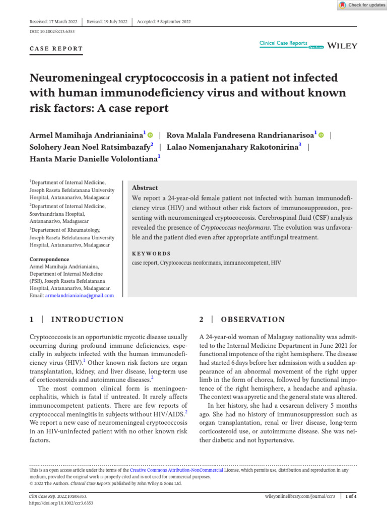 Neuromeningeal Cryptococcosis Case Report | PDF | Clinical Medicine ...