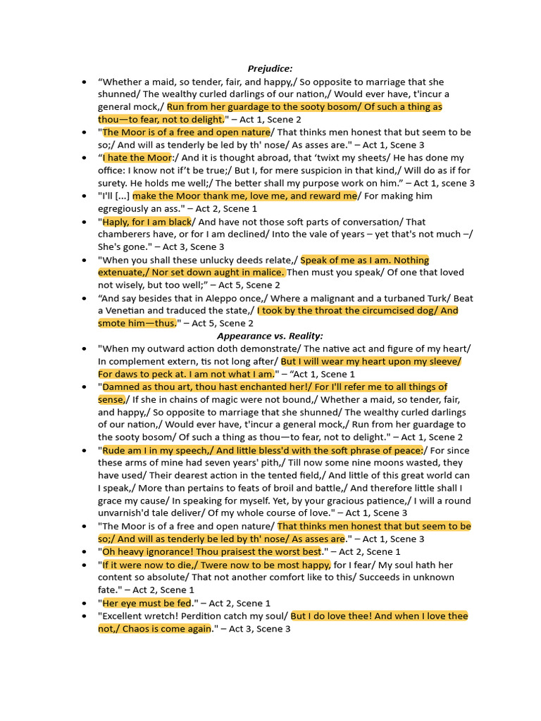 Themes of Prejudice and Jealousy in Othello | PDF