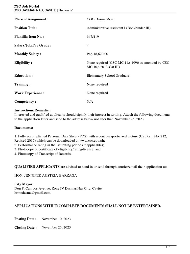 CGO DASMARINAS CAVITEAdministrative Assistant I Bookbinder III PDF