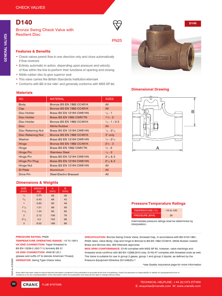 D140 Check Valve Crane FS DS 0923 | PDF | Valve | Manufactured Goods