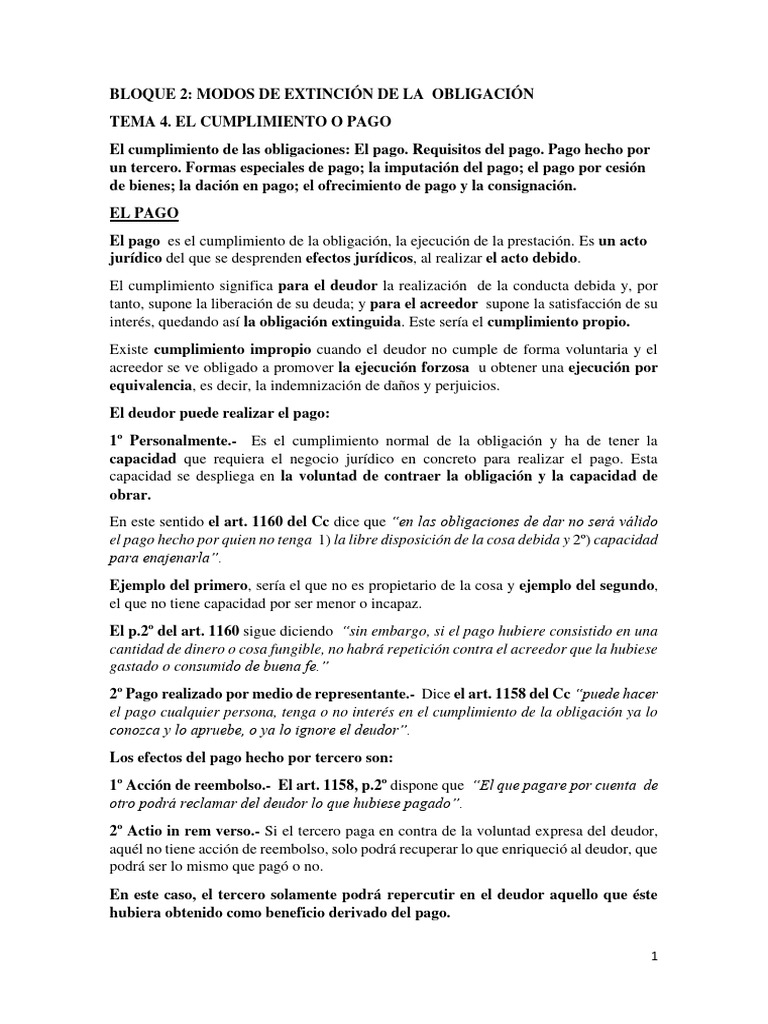 Tema 4 El Cumplimiento o Pago | PDF | Pagos | Derecho privado