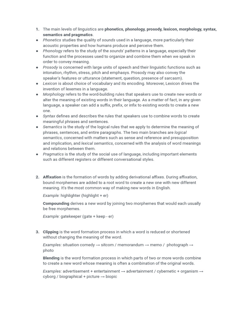 Riassunto Inglese Word Formation Processes PDF Lexicon Word